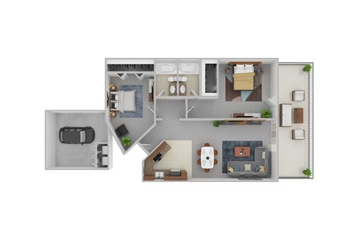 A floor plan of a house with a garage, living room, kitchen, and two bedrooms.